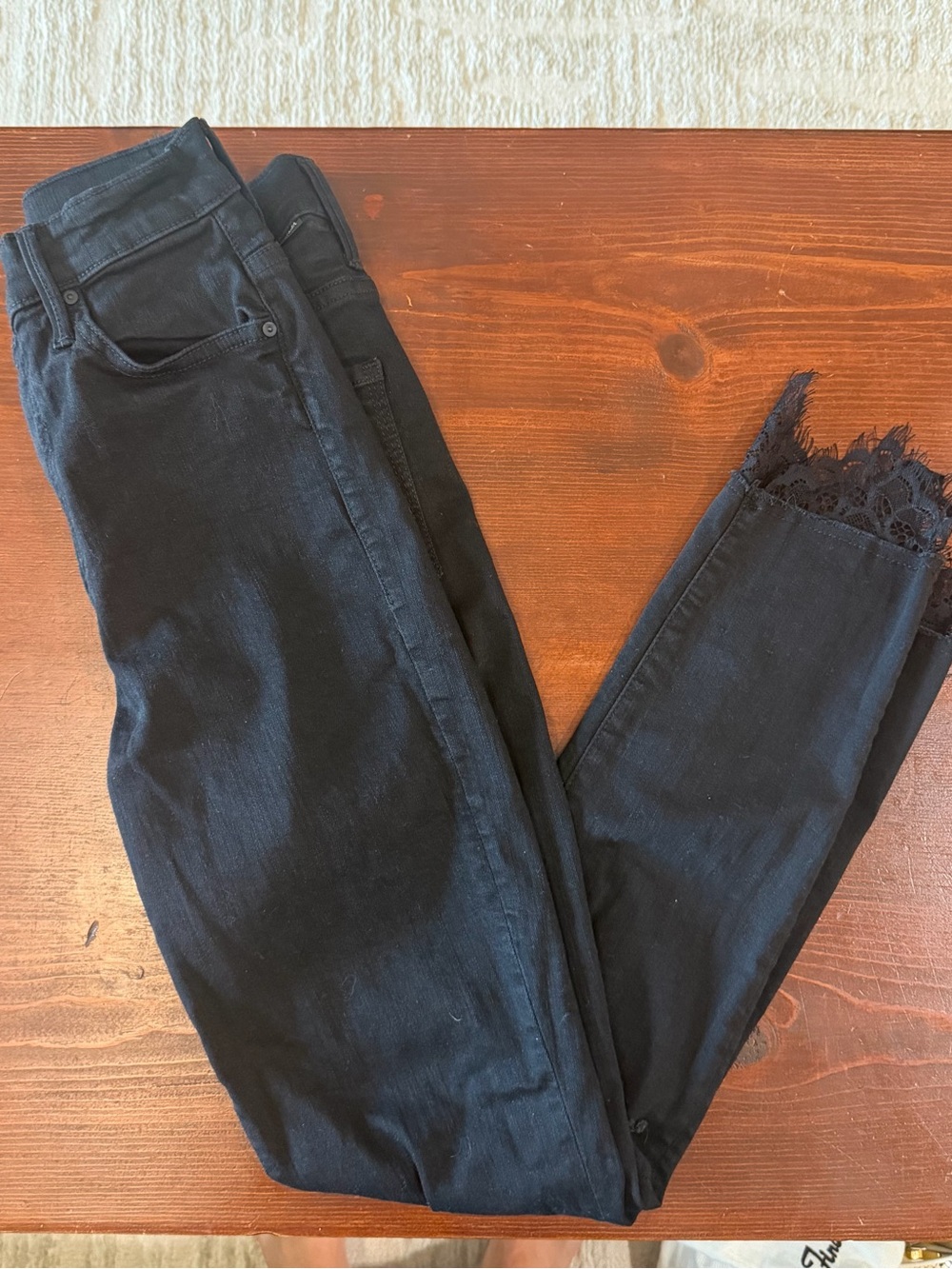 Women's Mother Black Skinny Jeans with Lace Hem the swooner dagger fray hem 26